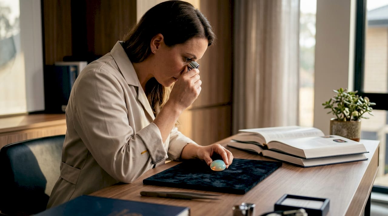 Gemologist examining opal gemstone closely