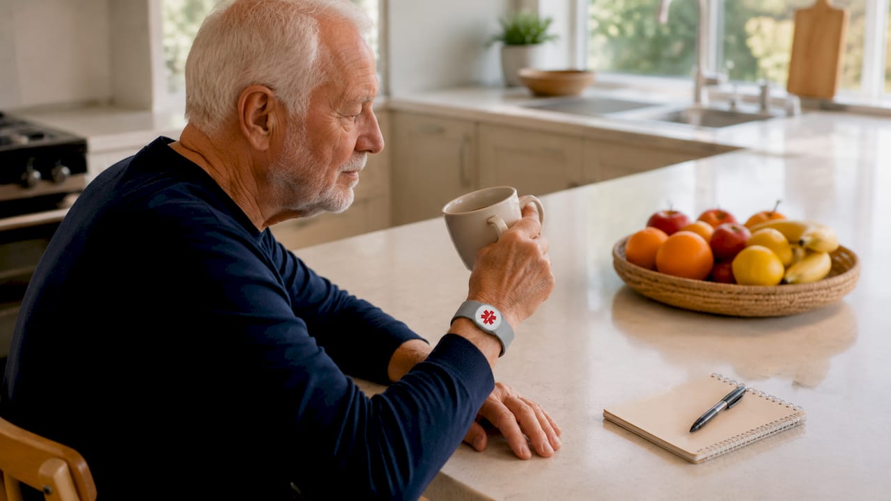 Ein älterer Herr sitzt im Wohnzimmer und trägt ein Notfallarmband.