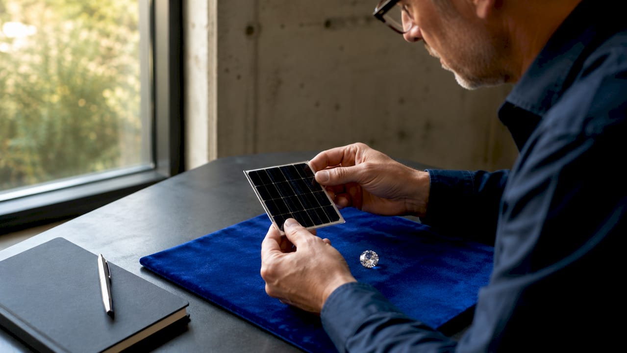 Des mains qui tiennent à la fois un panneau solaire et un diamant, symbolisant l’alliance entre énergie renouvelable et valeur précieuse.