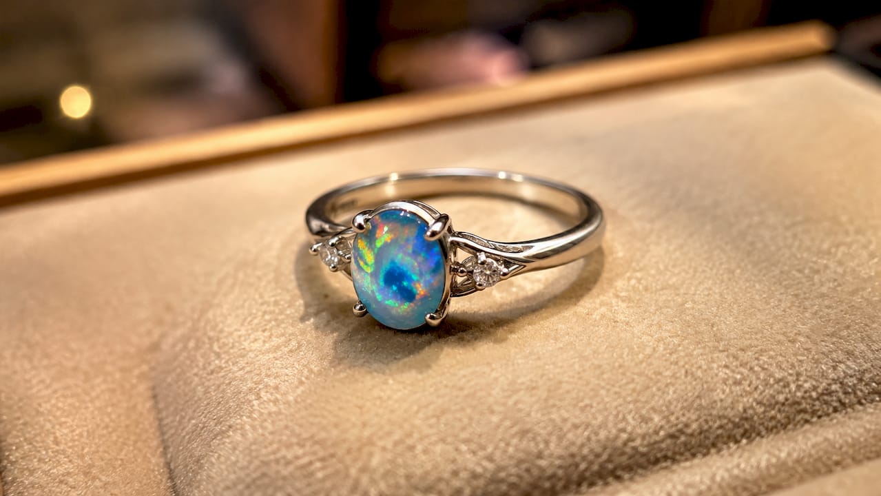 银戒指特写，火焰欧泊宝石闪耀夺目