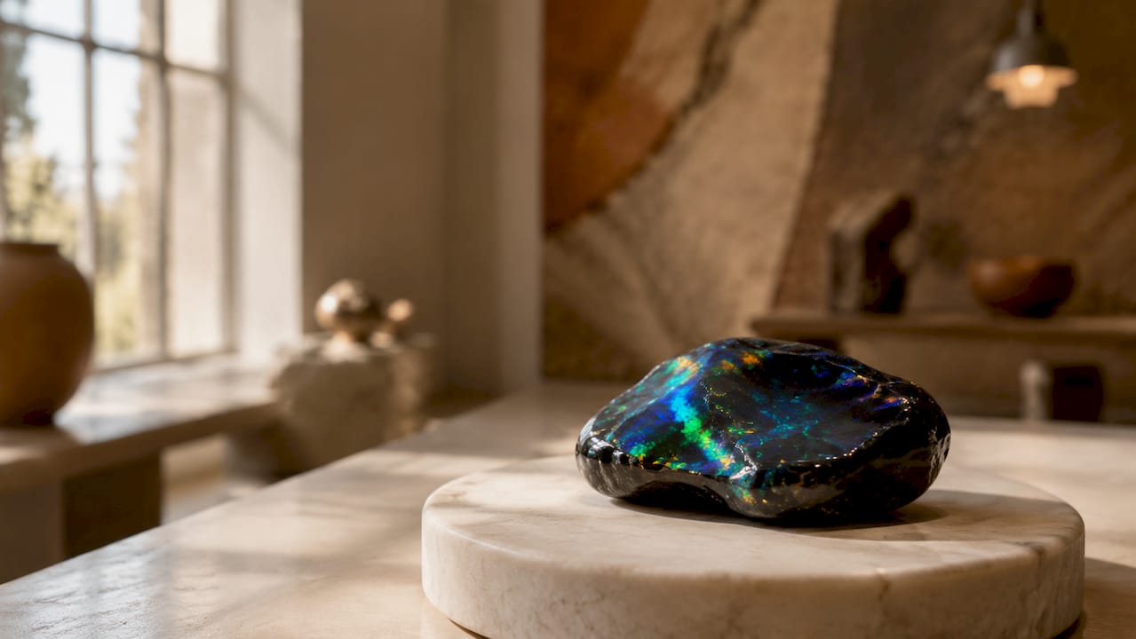 Schwarzer Opal in eindrucksvoller Nahaufnahme auf einem dunklen Sockel präsentiert
