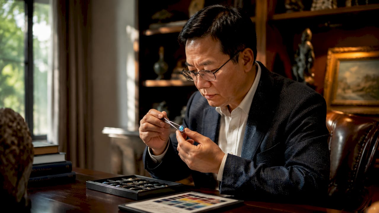 珠宝收藏家细致鉴赏澳大利亚欧泊，欣赏其独特的色彩和迷人的光泽。