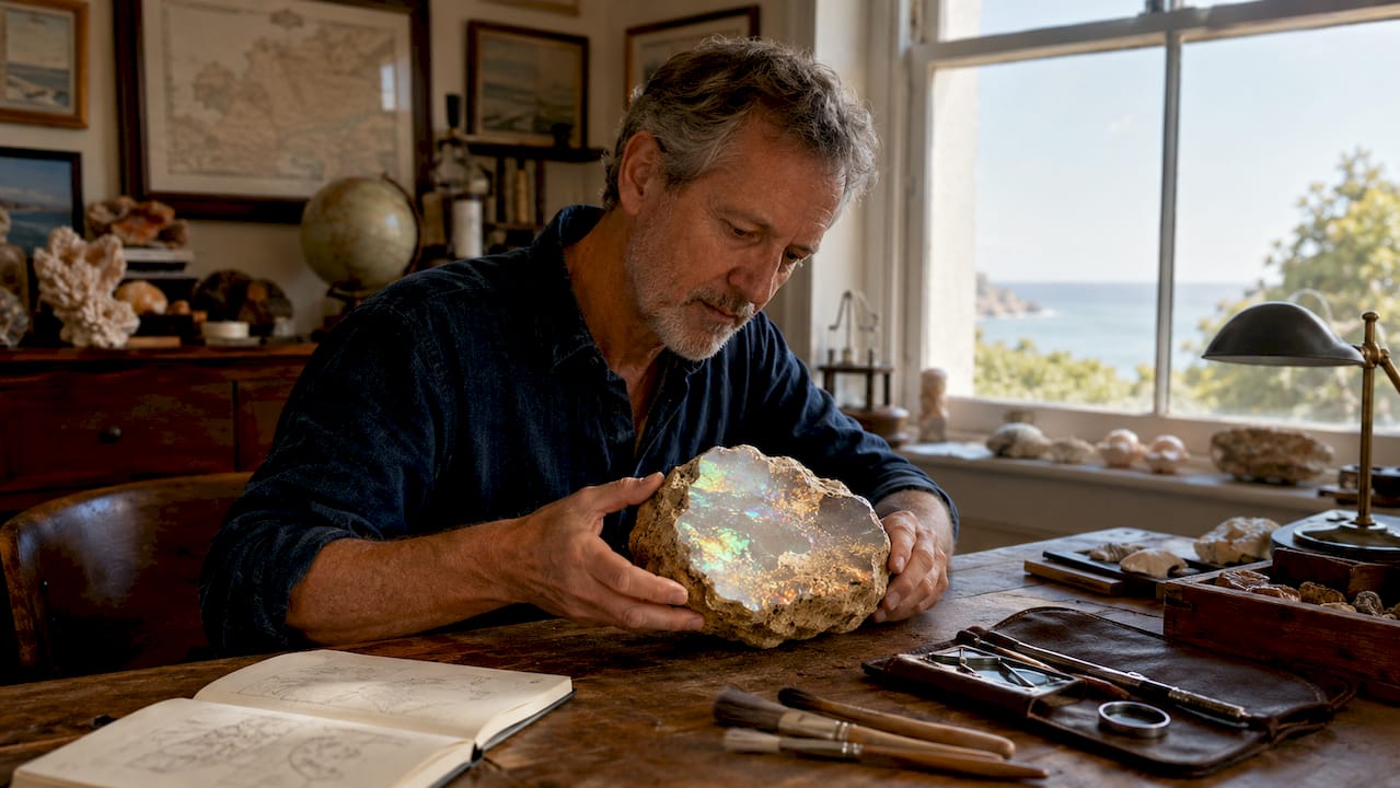 Dans son laboratoire, un géologue examine attentivement un fossile d’opale, à la recherche de détails révélateurs sur son origine.