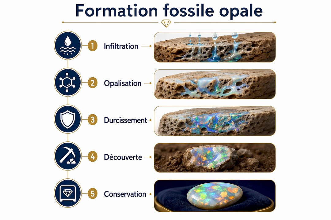 Schéma illustrant les différentes étapes de la formation d’un fossile d’opale
