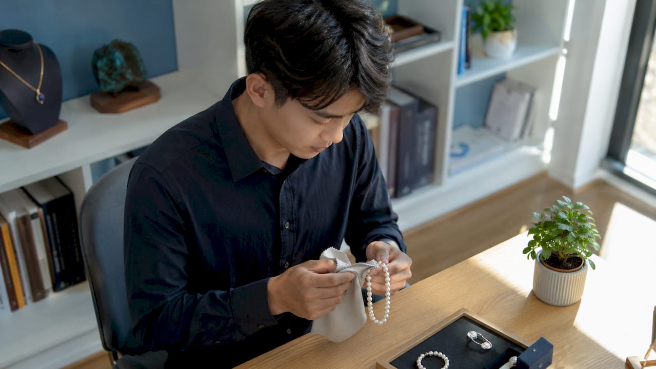 一位年轻男士正细心地用软布擦拭着他的珍珠项链。