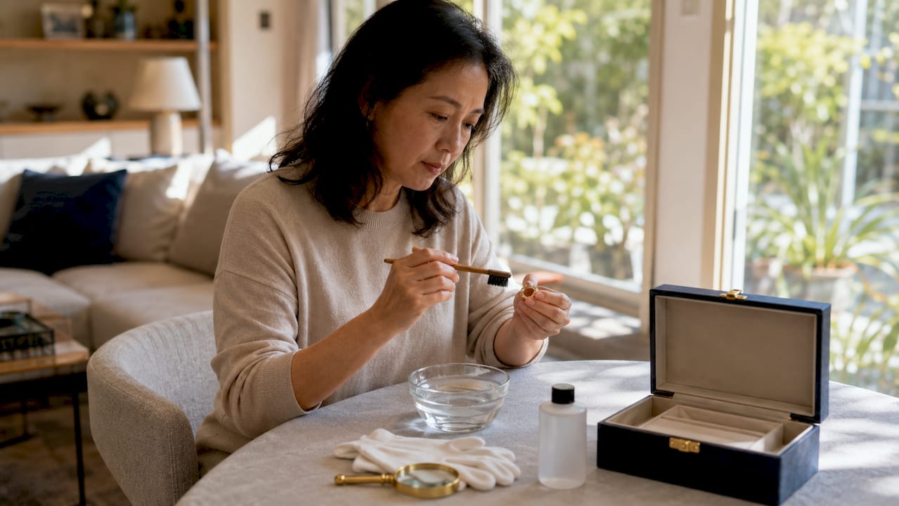 中年女士细心清洁钻石戒指