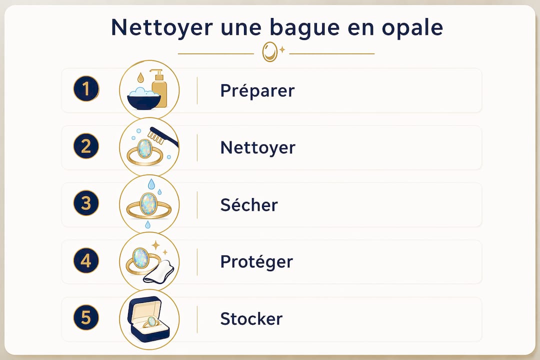 Infographie : les étapes clés pour nettoyer votre bague en opale en toute simplicité