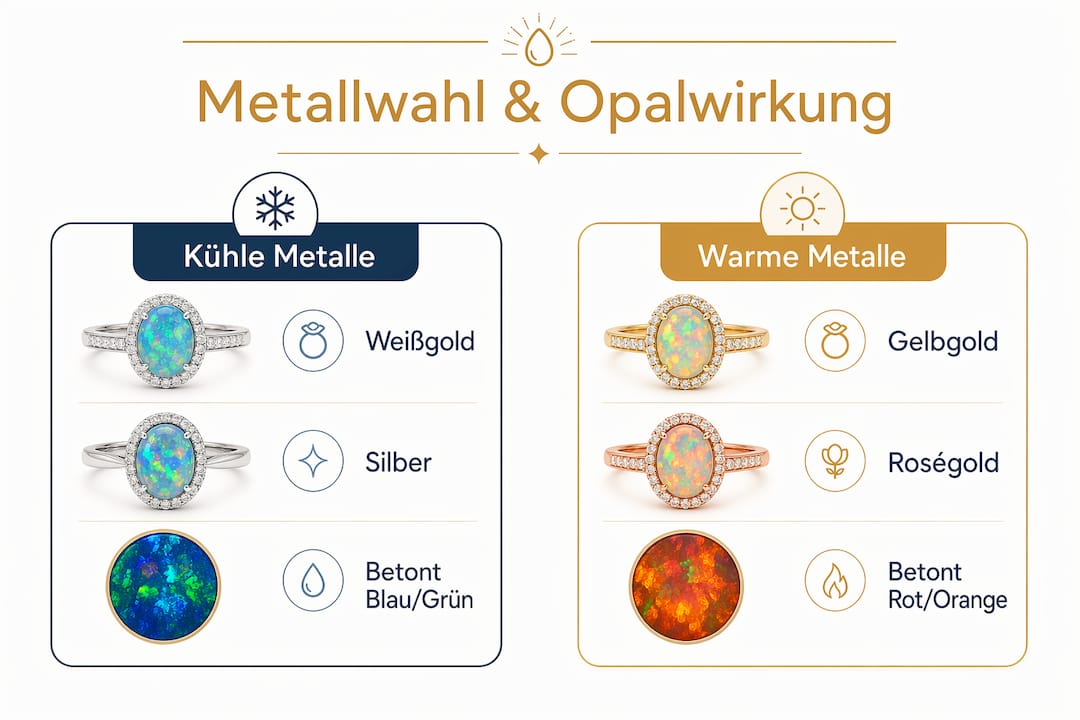 In dieser Infografik erfahren Sie, welche Metalle die Farbgebung von Opalen beeinflussen und wie sich die verschiedenen Metallarten auf die Farbtöne der Edelsteine auswirken.