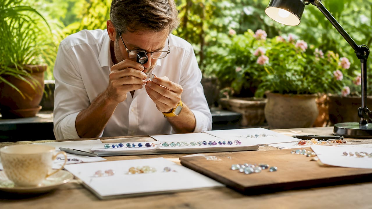 Curator examining loose gemstones under loupe
