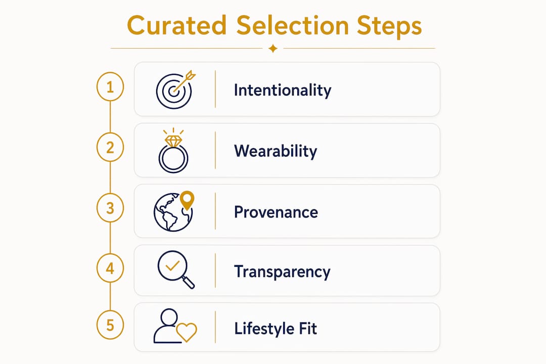 Infographic illustrating curated gemstone selection steps