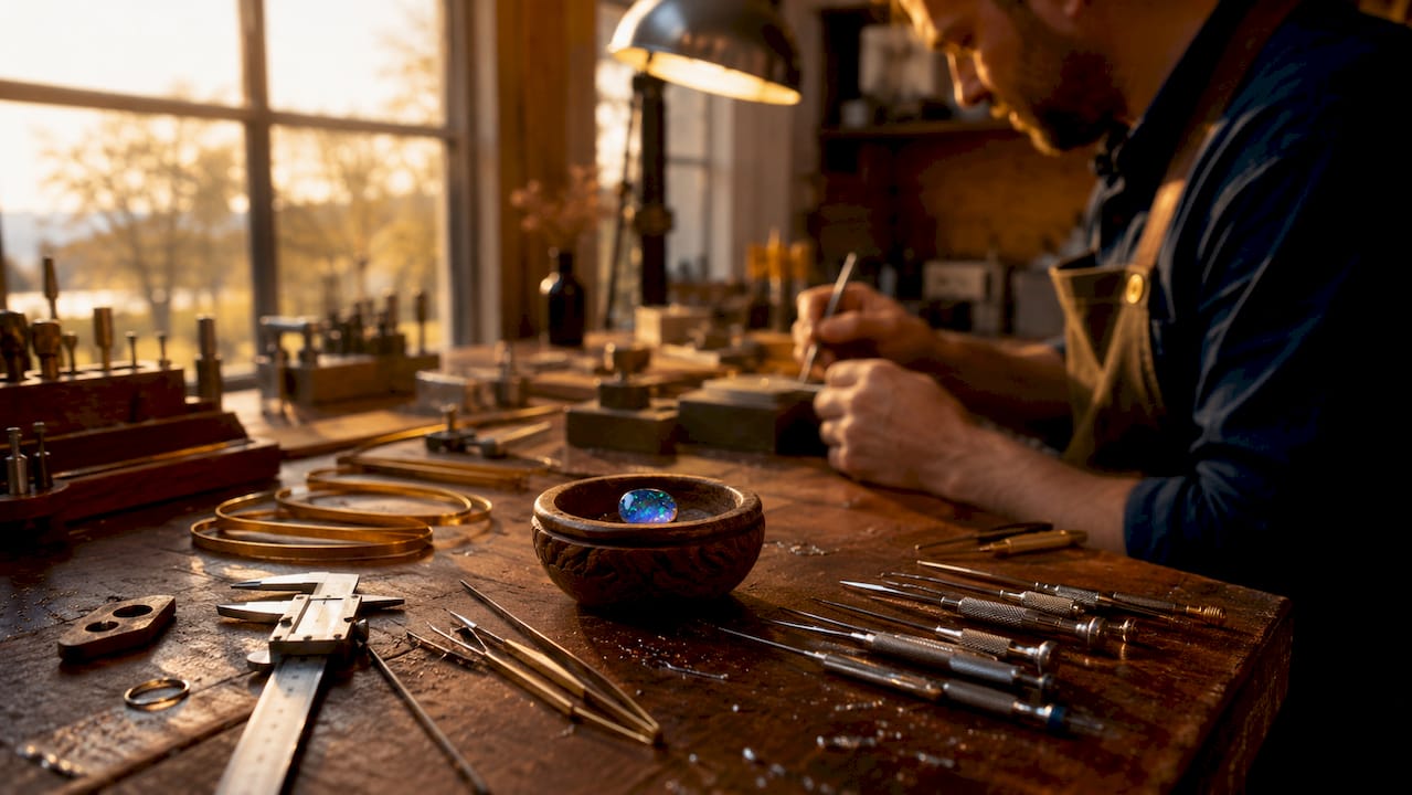 Opal mounting tools and materials on bench