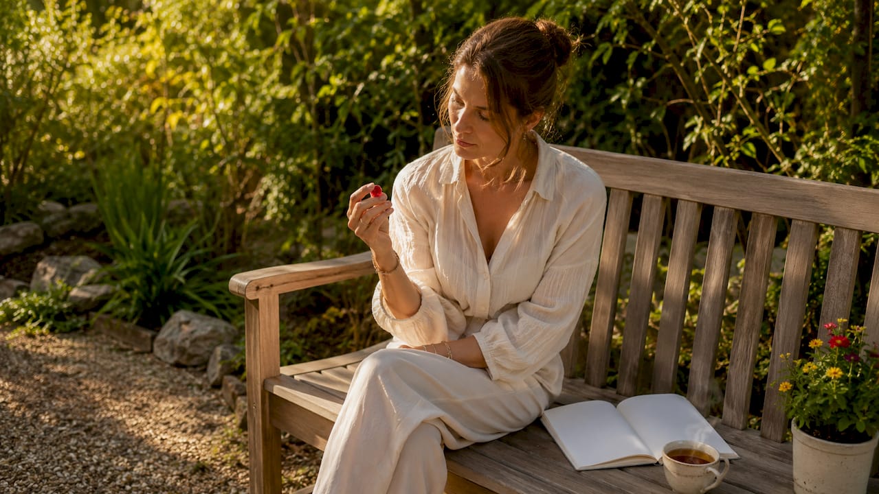 Une femme examine un rubis brut entre ses doigts tout en parcourant un livre sur les vertus des pierres en lithothérapie.