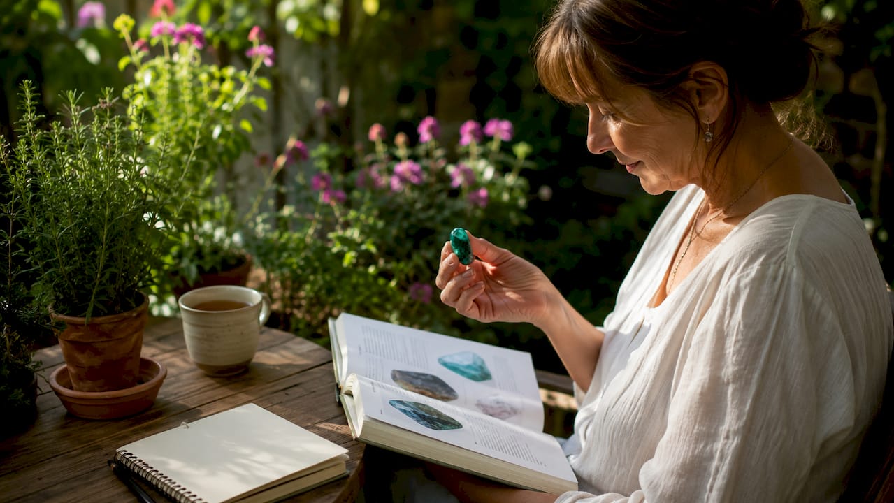 Une femme examine une opale verte tout en parcourant un guide.