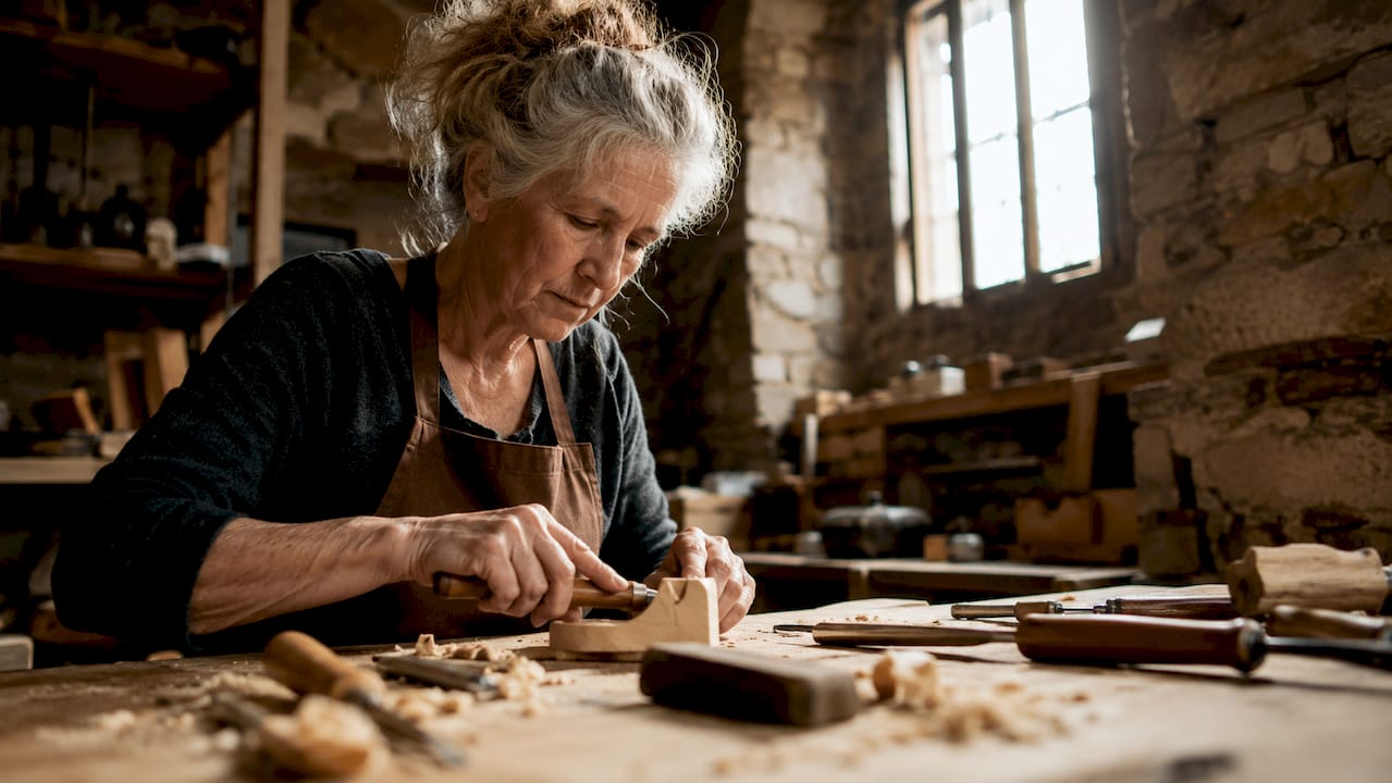 Eine erfahrene Handwerkerin fertigt mit viel Geschick ein Kunstwerk aus Holz an.