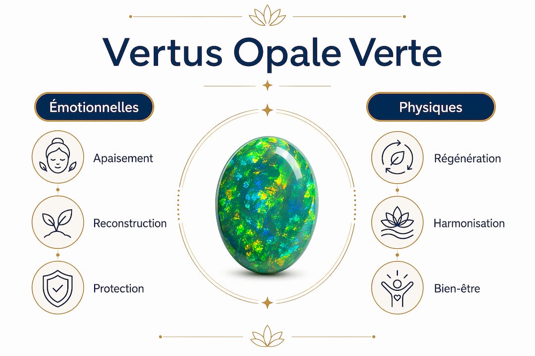Découvrez dans cette infographie les bienfaits physiques et émotionnels de l’opale verte.