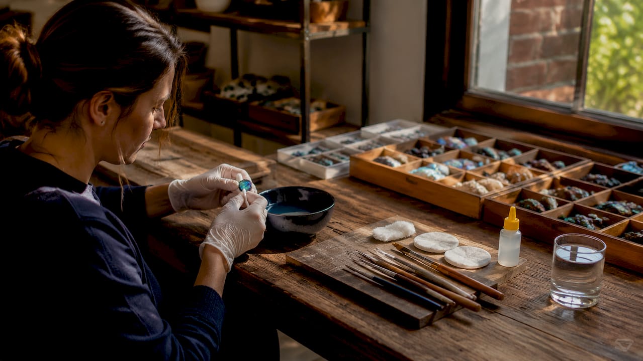 Hands cleaning opal gemstone