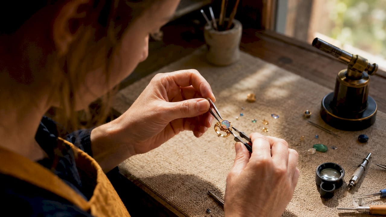 Jeweler assembling opal ring at workbench