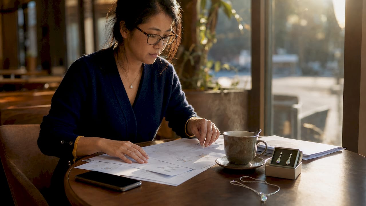 Woman reviewing jewelry pricing documents