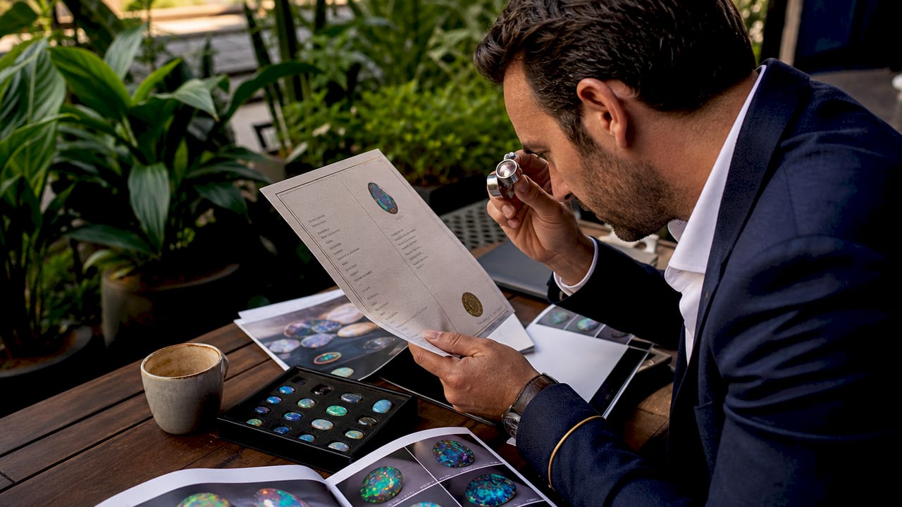 Buyer inspecting opal certificate at desk