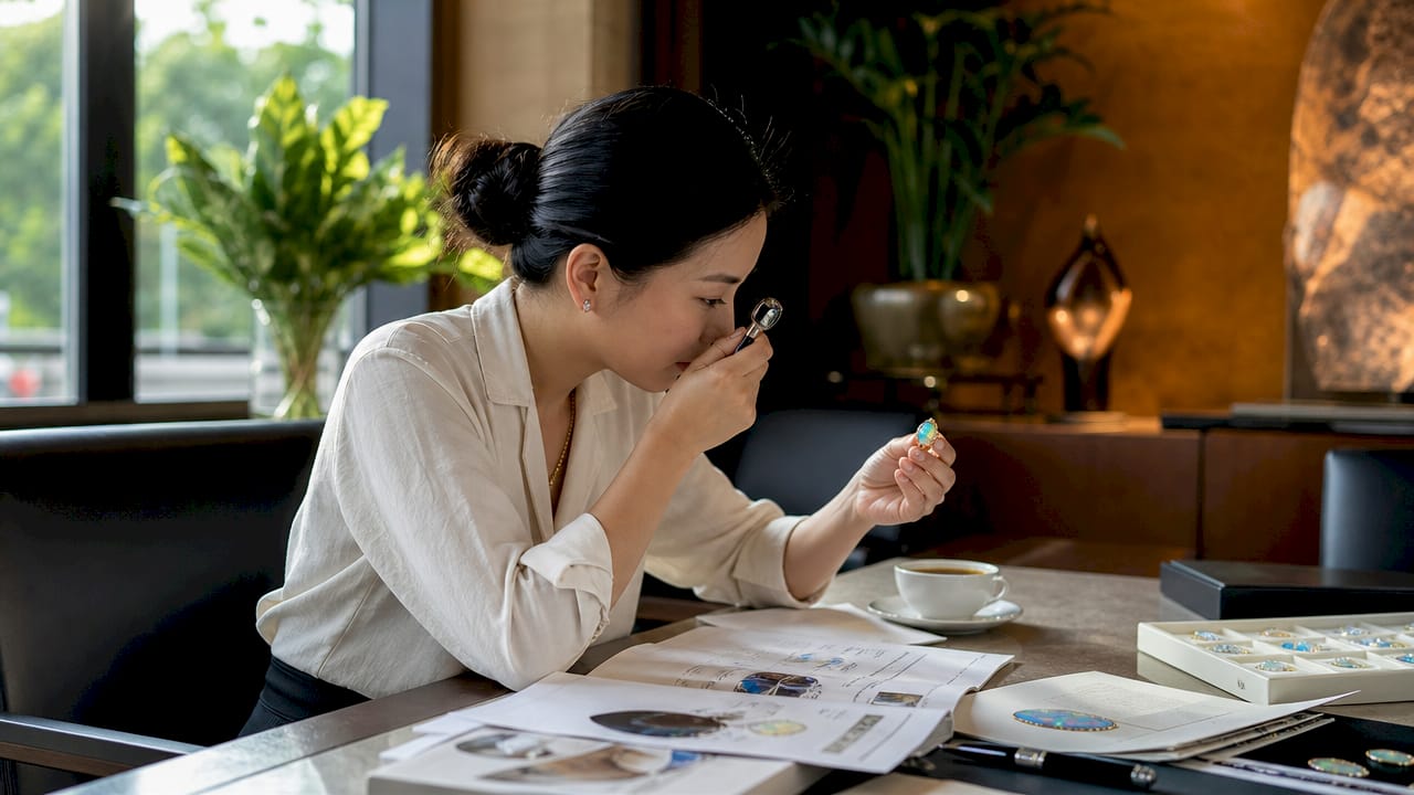 一位珠宝鉴定师正坐在桌前，细致地检查一枚蛋白石戒指。