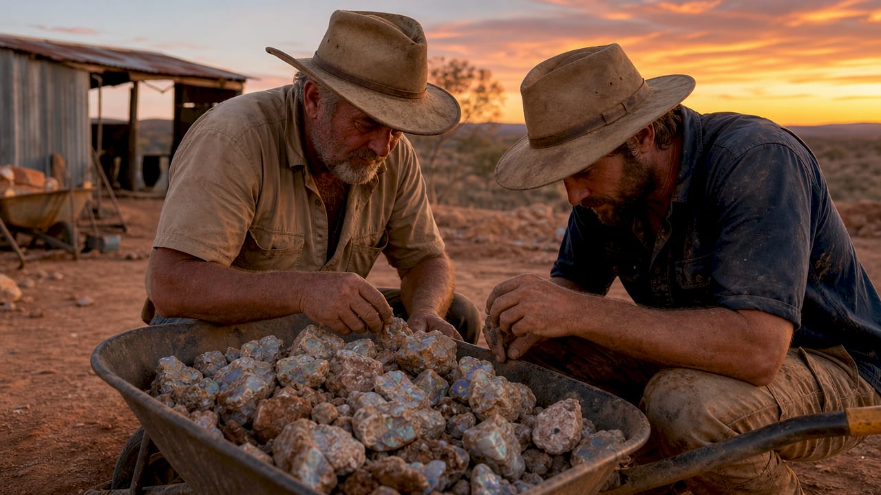 Miners inspecting opal stones at Australian outback site