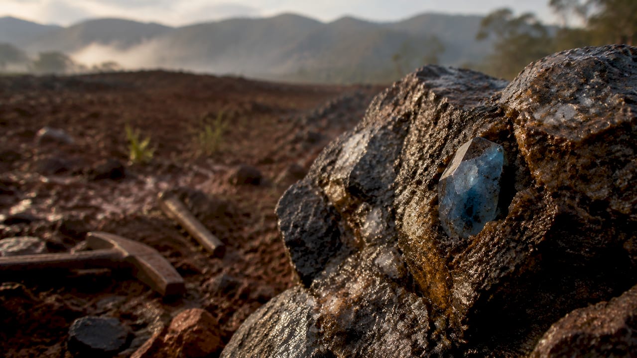 Close-up of raw sapphire in mining soil