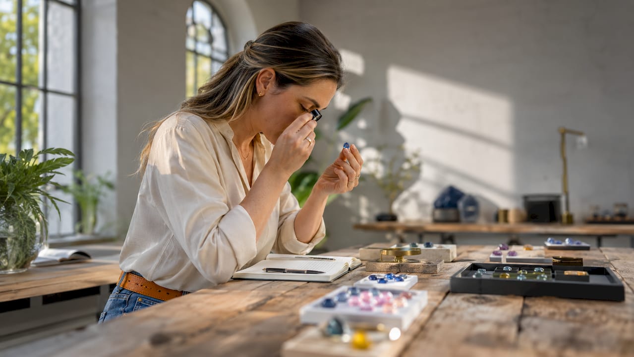 Gemologist examining a ruby with loupe