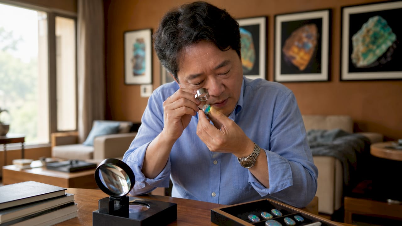 收藏家手持放大镜，细致鉴赏优质欧泊宝石的光彩与质地。