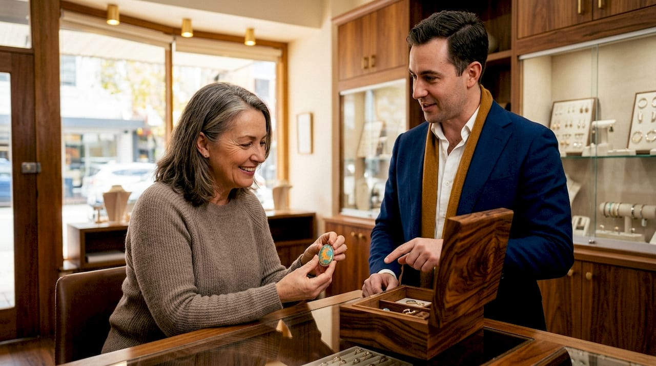 Buyer consulting salesperson about jewelry with testimonials