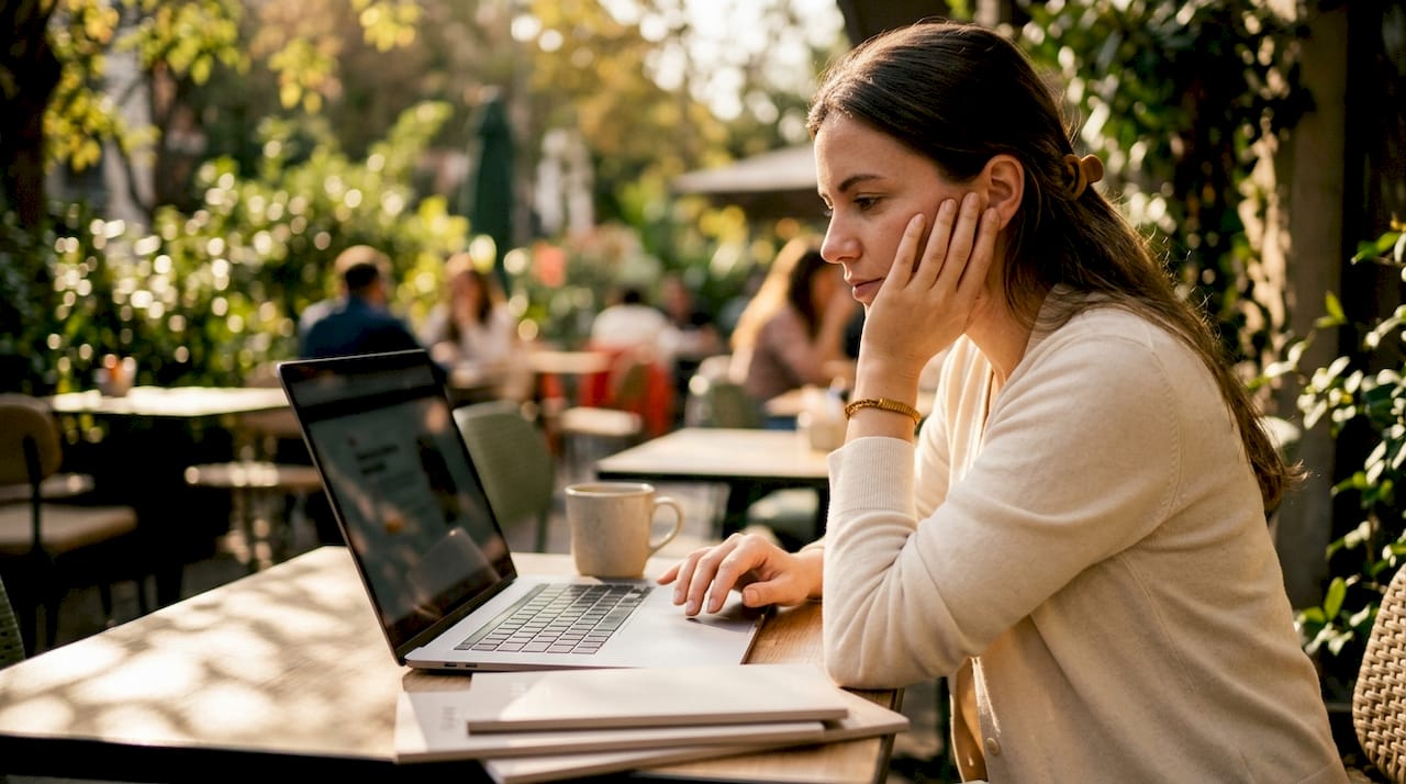 Woman reading jewelry testimonials on laptop