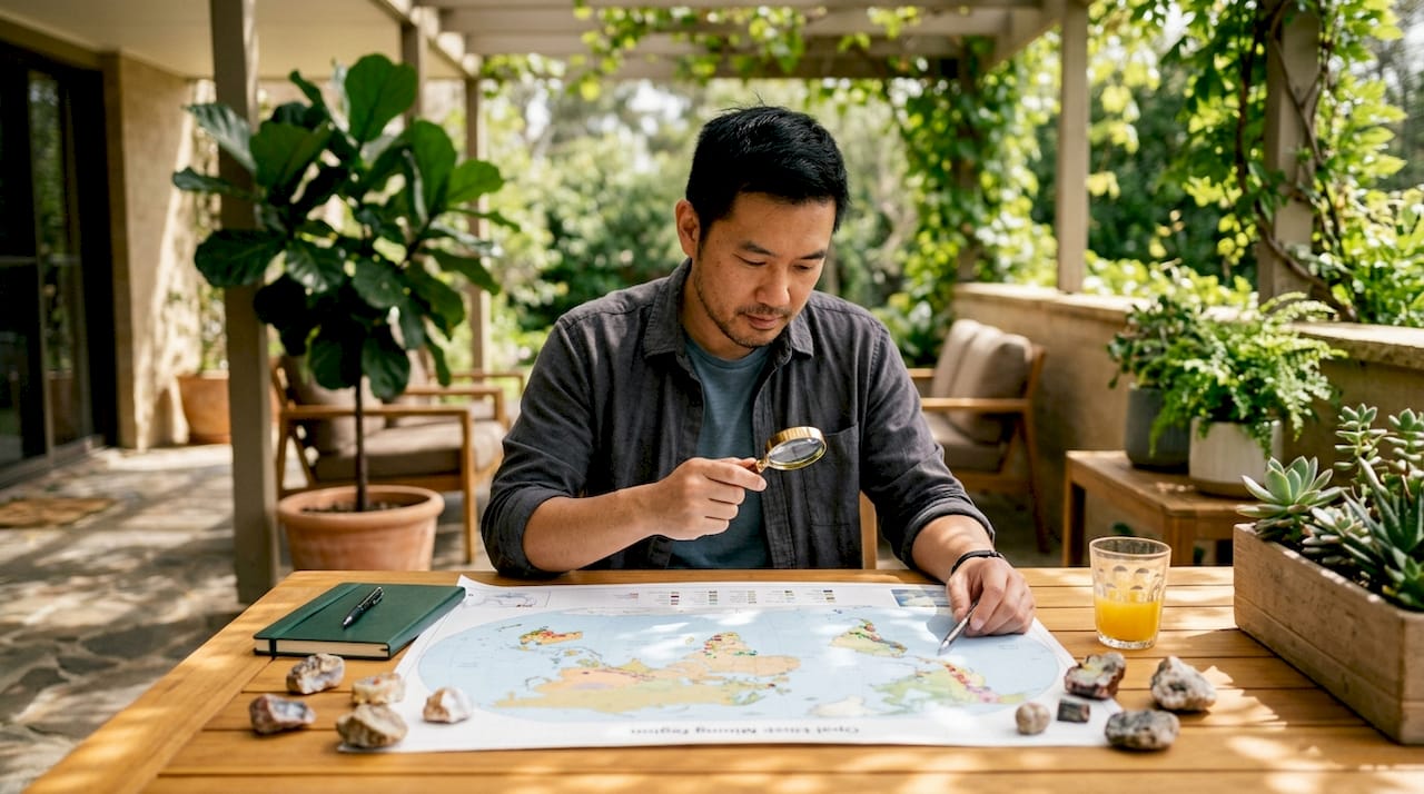 地质学家正在仔细分析蛋白石矿区的地质分布图，以便更好地了解矿藏情况。