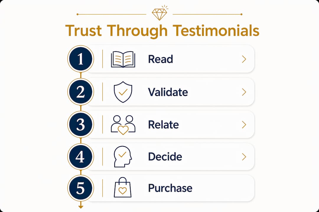 Infographic showing five steps of trust building through testimonials