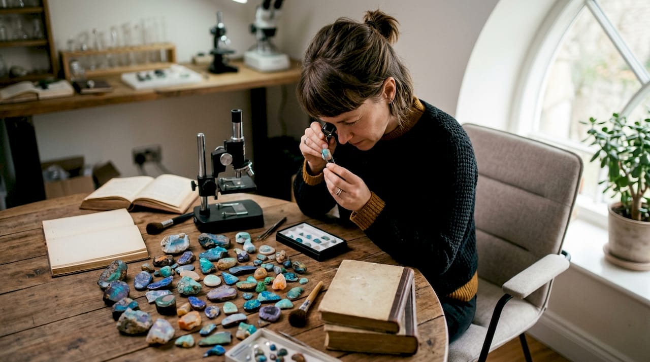 Gemologist inspecting opal stones at table