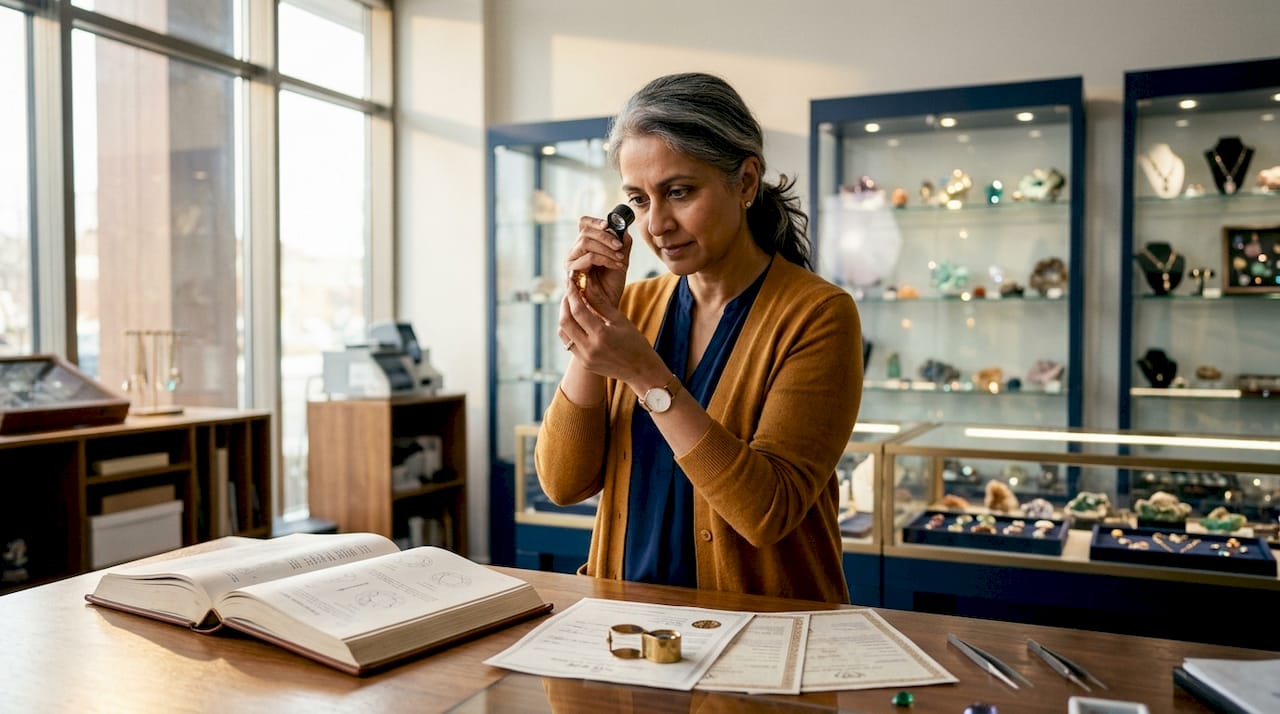 Woman examining antique gemstone at desk
