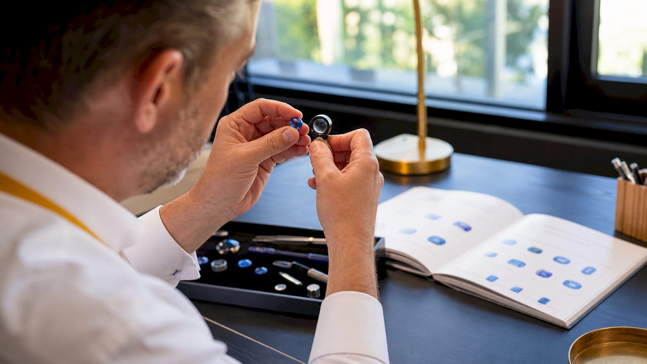 Hands comparing sapphire and report in home office