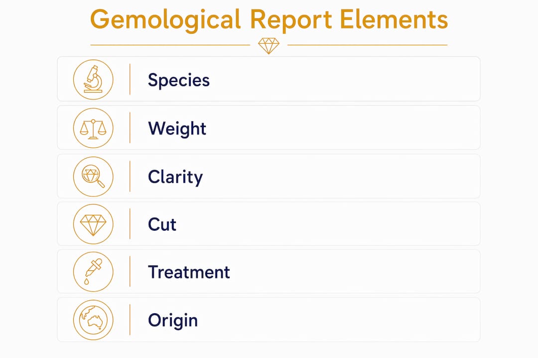 Infographic illustrating key sections of gemological reports