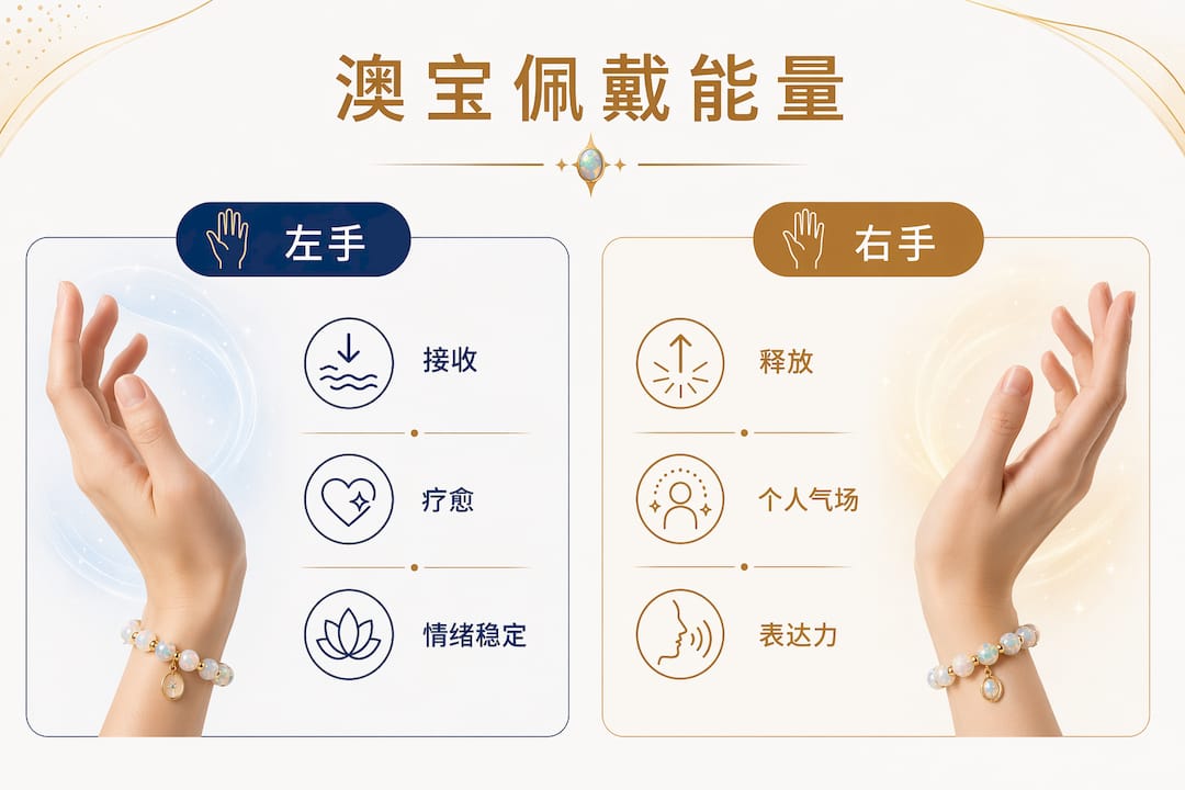 一张图解，展示欧泊饰品佩戴在左手和右手时产生的不同能量效果。左手佩戴，更容易吸收欧泊带来的灵性与保护作用；右手佩戴，则有助于释放能量，提升个人魅力与自信。通过对比，让你更直观了解如何根据自身需求选择佩戴方式。