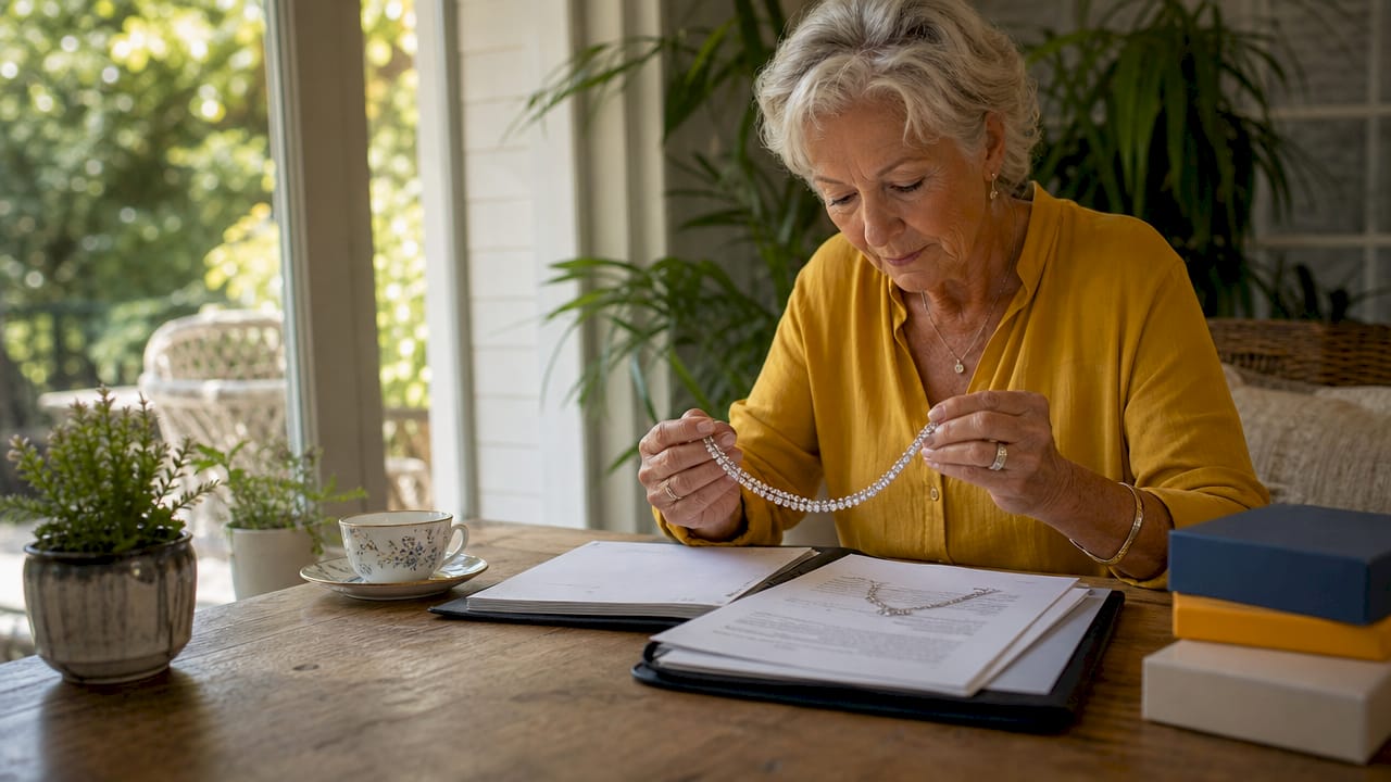 Woman reviewing jewelry and insurance documents