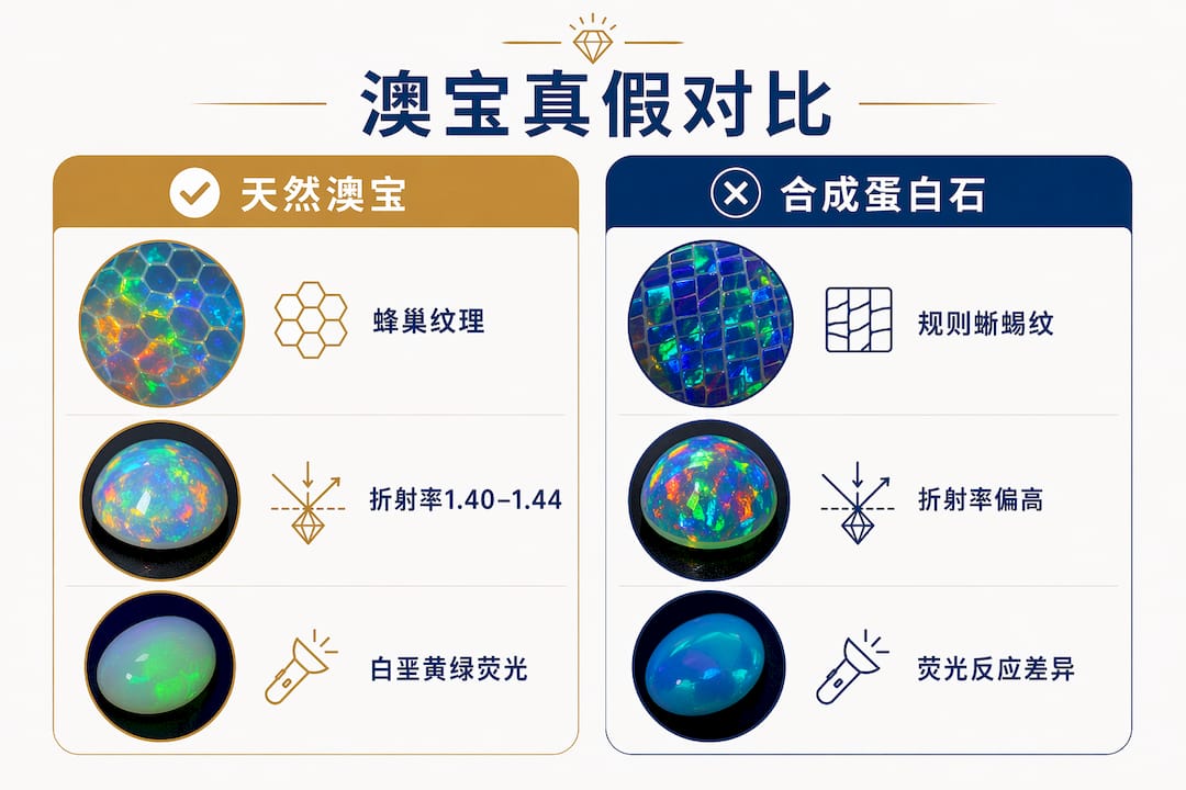 天然欧泊与人工欧泊对比图：主要特性一目了然