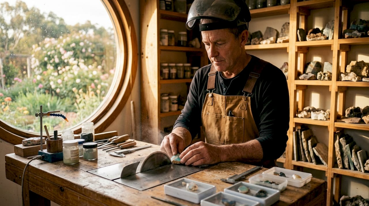 Ein erfahrener Handwerker bearbeitet einen Opal und schneidet ihn präzise mit einer Diamantsäge.