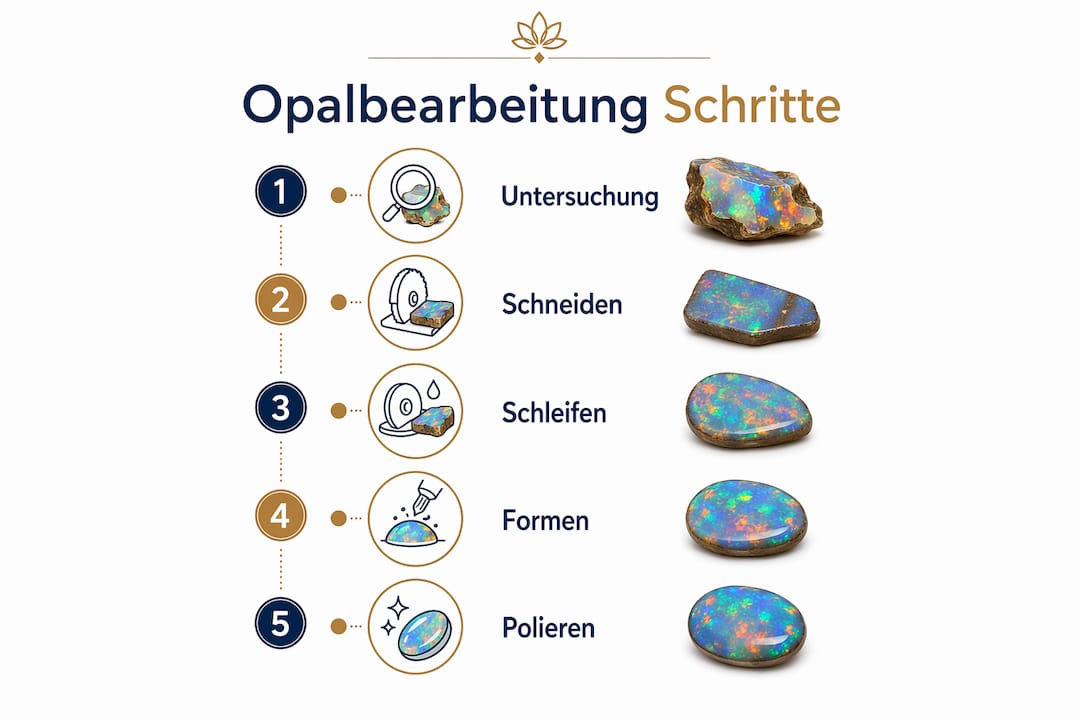 Grafische Übersicht: Die fünf wichtigsten Arbeitsschritte bei der Opalverarbeitung