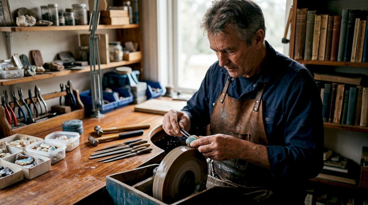 Mit geschickten Händen wird im Atelier Opal geschliffen.