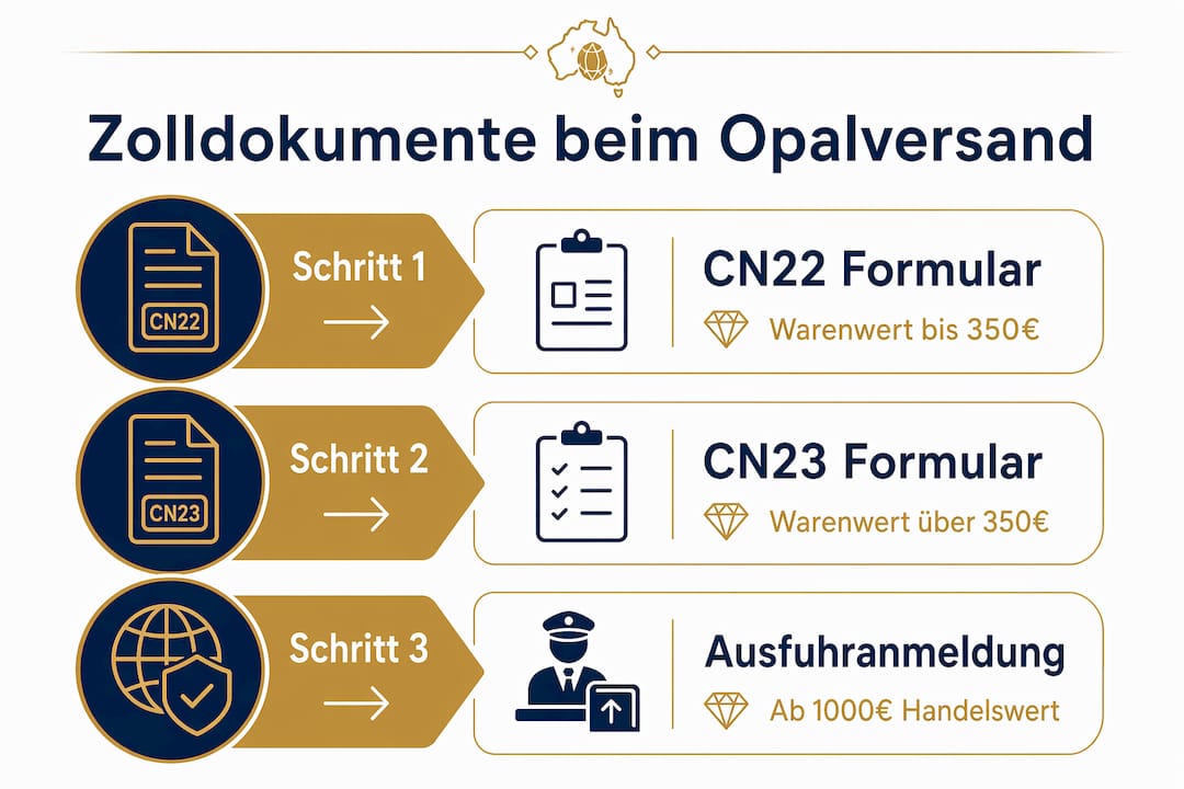 Diese Infografik gibt einen verständlichen Überblick über die benötigten Zolldokumente und die einzelnen Schritte beim Versand von Opalen.