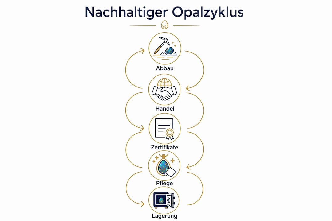 Die Infografik veranschaulicht die einzelnen Schritte eines nachhaltigen Opal-Kreislaufs.
