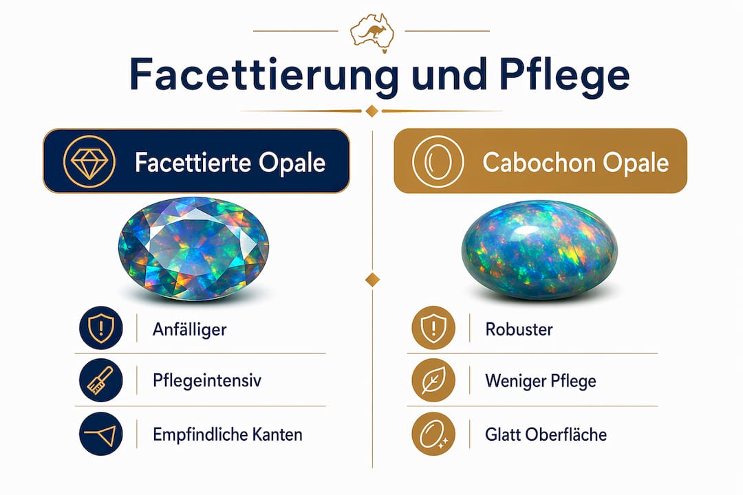 Infografik: Pflegehinweise und Unterschiede bei geschliffenen und Cabochon-Opalen im Überblick