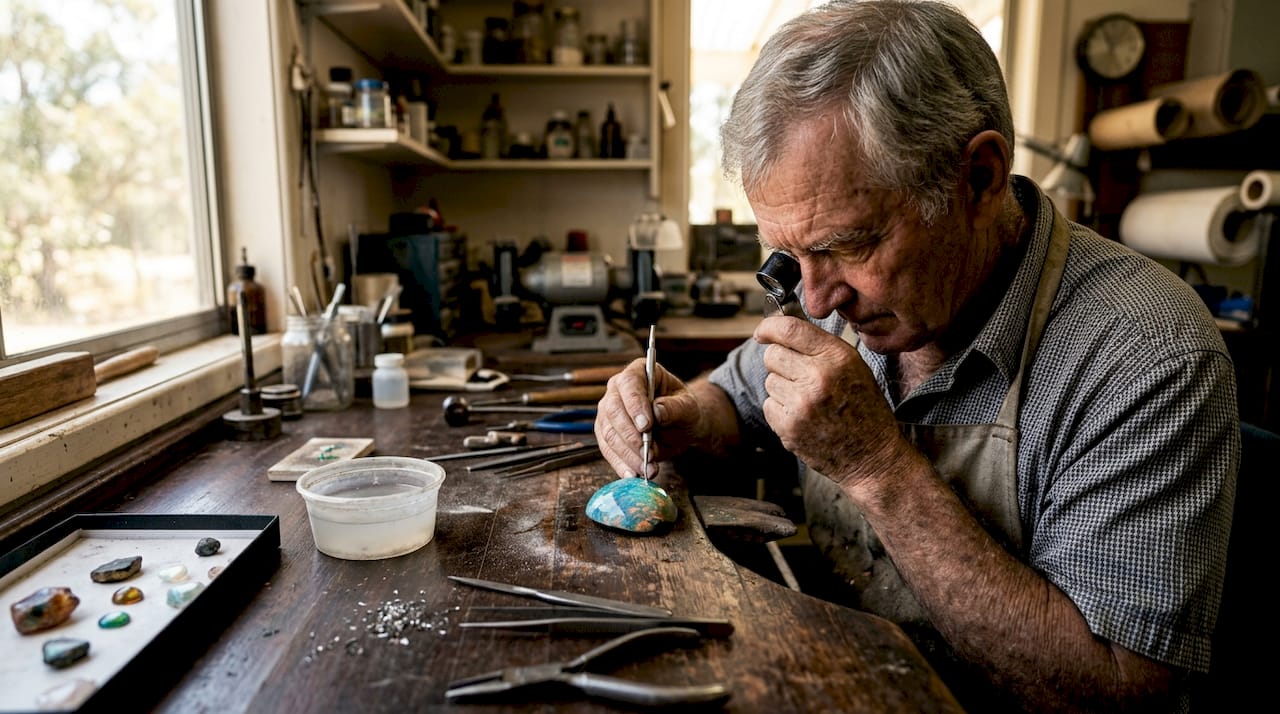 In einer Goldschmiede begutachtet ein Handwerker einen geschliffenen Opal für ein Schmuckstück.