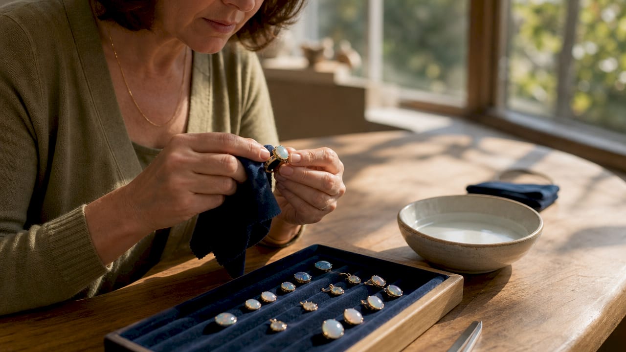 Woman cleaning opal heirloom jewelry at home