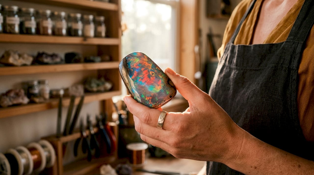Close-up hand showing opal’s silica sphere diffraction effect