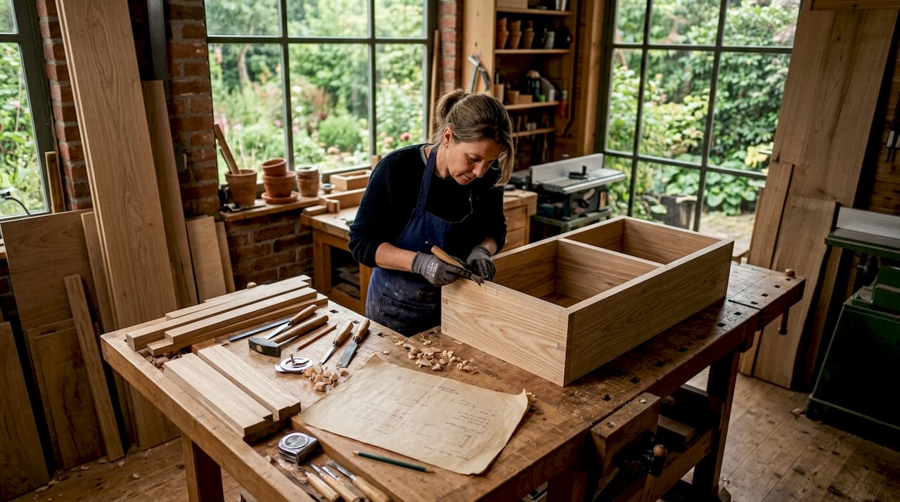 Eine Handwerkerin gestaltet ein einzigartiges Möbelstück ganz nach den Wünschen ihrer Kundinnen und Kunden.