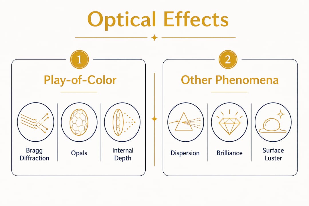 Infographic comparing play-of-color with other optical effects in gemstones